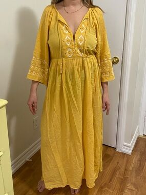 Yellow Embroidered V-Neck Maxi Dress with Tie Waist